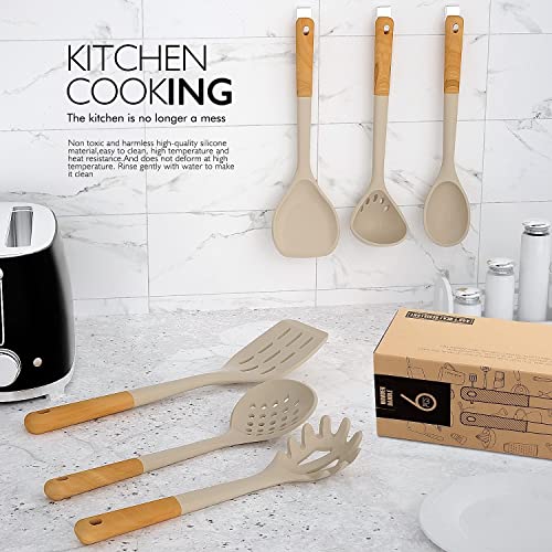 Large Silicone Cooking Utensils - Heat Resistant Kitchen Utensil Set with  Wooden Handles, Spatula,Turner, Slotted Spoon, Pasta server, Kitchen  Gadgets Tools Sets for Non-Stick Cookware (Khaki) 