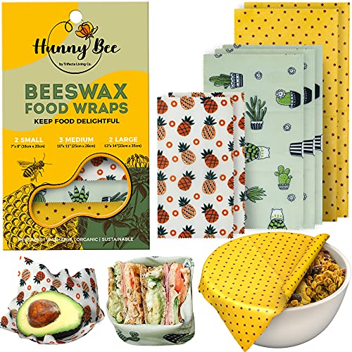 HUNNYBEEE Beeswax Reusable Food Wraps - (7 Packs) Beeswax Wrap Sustainable Products, Eco-Friendly Wax Wrap, Organization Storage Bags, Cheese Bee Wrappers Cling, Wax Paper for Food