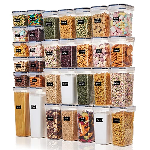 Vtopmart 32pcs Food Storage Container Set, Kitchen & Pantry Organizers and Storage, BPA-Free Plastic Airtight Food Storage Container with Lids for Cereal , Flour and Sugar, Includes 32 Labels
